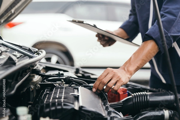Fototapeta Automobile mechanic repairman hands repairing a car engine automotive workshop with a wrench, car service and maintenance,Repair service.