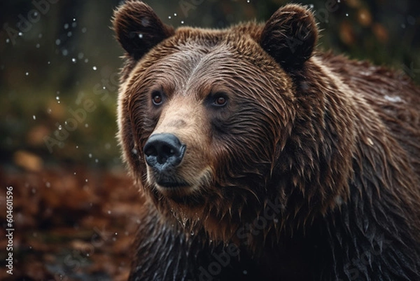 Fototapeta Brown bear in the rain in the forest. generated ai