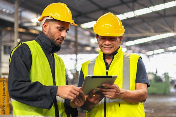 Fototapeta two engineer look projects and planning with tablet mobile in factory