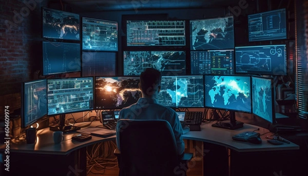 Obraz Rear View Of A Hacker Using Multiple Computers For Stealing Data created using generative AI Tools