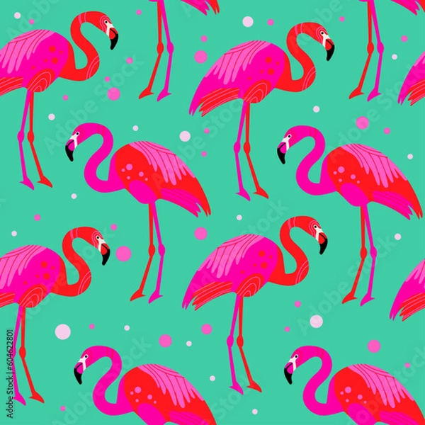 Fototapeta Beautiful seamless vector tropical pattern with pink flamingos on a green background. Abstract summer texture