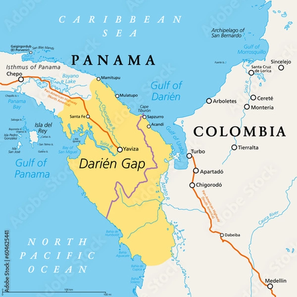 Fototapeta Darien Gap, political map. Geographical region in the Isthmus of Panama, connecting North and South America with Central America. The gap is in the Pan-American Highway of which a part were not built.