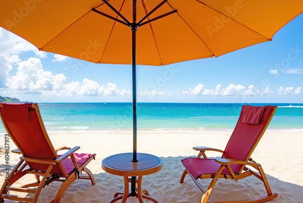 Fototapeta Deck chairs with sun umbrella on the beach at summer season
