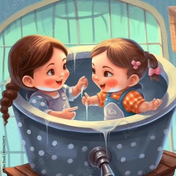 Fototapeta two toddler girls playing captain of the tub, - AI-generated