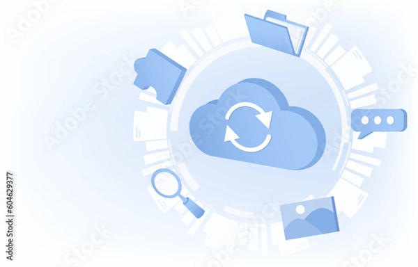 Fototapeta Cloud data storage concept. Online internet storage, database server, cloud synchronization, upload and download. Flat vector design illustration with copy space.