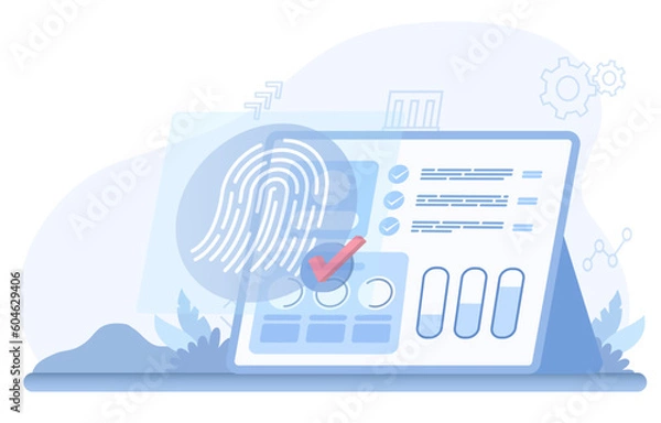 Obraz Concept of data protection and personal details. Use fingerprints to access accounts, develop, improve, manage sensitive data. Flat vector illustration with copy space.