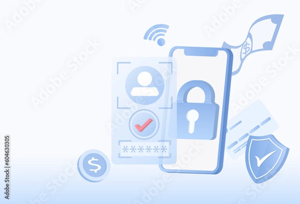 Obraz Protection concept. Safety and security technology. Protect personal detail, password, firewall, sensitive data, account access. Flat vector illustration with copy space.