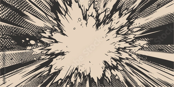 Obraz Vintage retro monochromatyczne komiksy Boom Explosion Crash Crash Bang Projekt okładki z światłem i kropkami. Może być używany do dekoracji lub grafiki. Grafika. Wektor