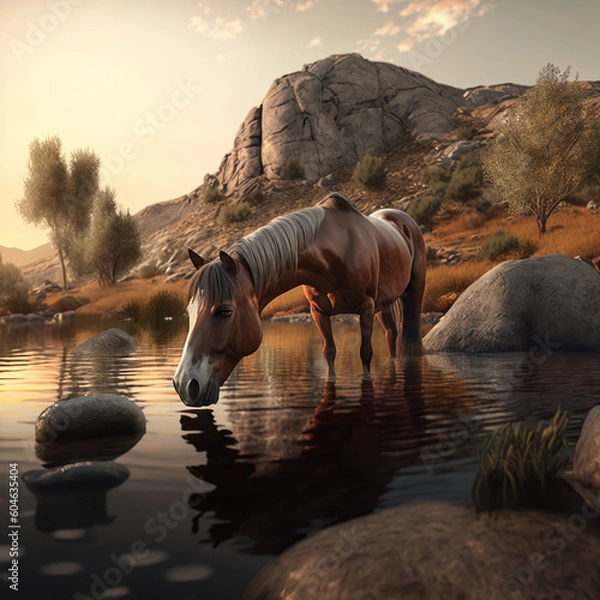 Obraz Pferd am Wasserloch, KI generiertes Bild