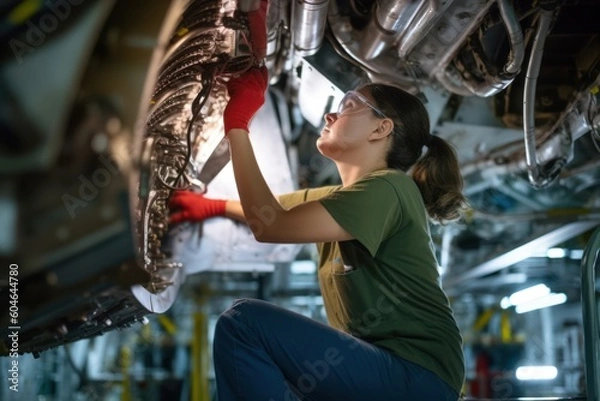 Fototapeta A proud and confident female aerospace engineer works on an aircraft, displaying expertise in technology and electronics. Image captures a candid moment in aviation industry, generative ai