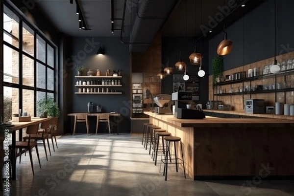 Obraz Generative AI modern simplistic kitchen in coffee shop open space