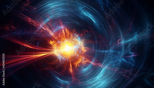 Obraz Futuristic galaxy explodes in a bright, multi colored, electric wave generated by AI