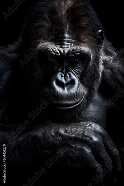 Fototapeta Animal Power -Creative and gorgeous colored frontal portrait of a male gorilla against a dark background that is as true to the original as possible and photo-like