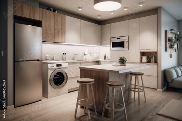 Obraz Generative AI small kitchen with laundry room modern apartment style Photography