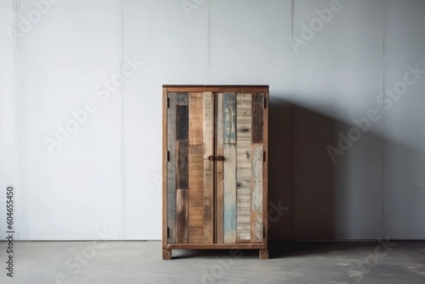 Fototapeta Simple and functional reclaimed wood storage cabinet against a pristine white wall