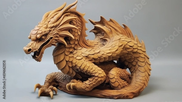 Fototapeta A statuette with a wooden dragon. The symbol of the year 2024 according to the Chinese calendar. A mystical animal in the horoscope.