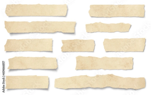 Fototapeta set / collection of ripped textured paper strips / scraps or tape isolated over a transparent background, ideal for text and messages, cut-out vintage collage design elements, highly detailed, PNG