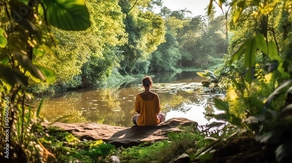 Obraz A person fully immersed in nature, sitting by a peaceful river. Practice of mindfulness, focusing on the present moment. Unplug from distractions. Slow living concept. Generative AI.