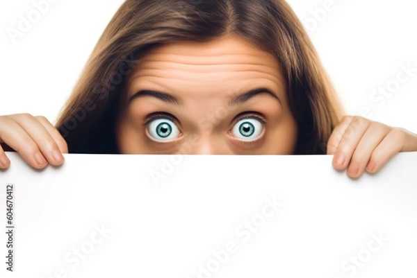Fototapeta A beautiful young woman holding a white sheet of paper in her hands with a surprised expression and big eyes and copy space. Generative ai