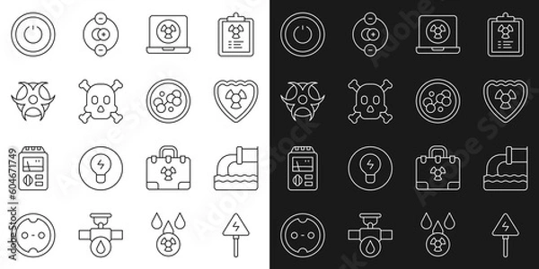 Fototapeta Set line High voltage sign, Wastewater, Radioactive in shield, Nuclear laptop, Bones and skull warning, Biohazard symbol, Power button and Molecule icon. Vector