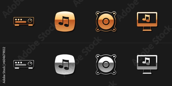 Fototapeta Set Sound mixer controller, Music note, tone, Stereo speaker and Computer with music icon. Vector