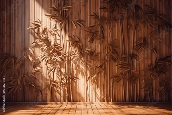 Fototapeta Bamboo tree leaf shadow on brown wooden panel wall