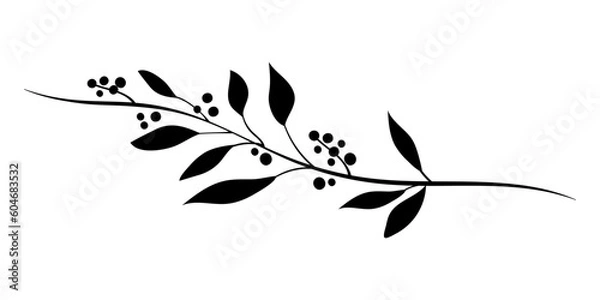Fototapeta Contour of graceful decorative branches with monochrome leaves and black berries. For weddings and holidays. Decorative elements for design.