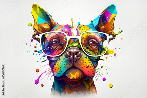 Obraz Cartoon colorful dog with sunglasses on white background. Created with generative ai