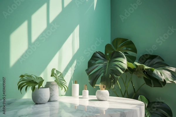 Obraz Modern minimalistic marble stone with skin care products on top