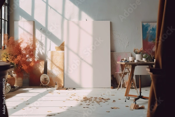 Fototapeta artistic frame canvas mock up in a curated whimsical studio setting with natural light and shadows - ai generative art