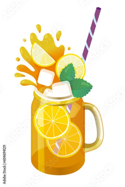Fototapeta Ice tea with ice cubes, lemon, mint leaves. Fruit smoothie, ice tea, juice, lemonade, alcohol drinks.