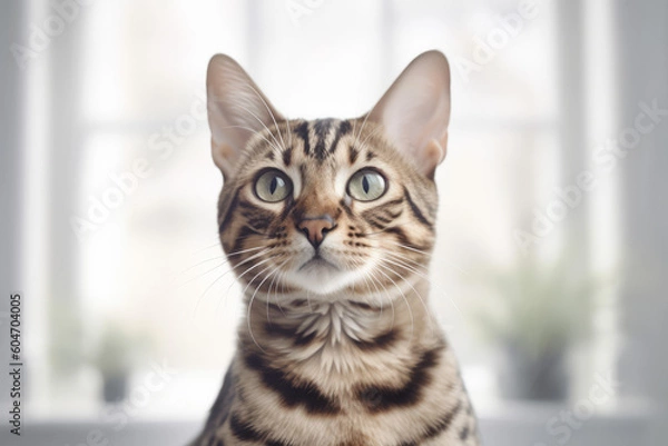 Fototapeta portrait of bengal cat in white room looking into the camera, close up, created with Generative AI Technology