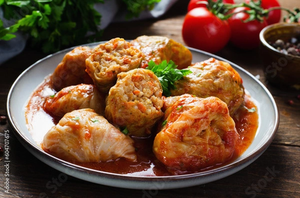 Fototapeta Cabbage Rolls with Ground Meat, Rice and Vegetables also known as Sarma, Golubtsy, Dolma on Rustic Wooden Background