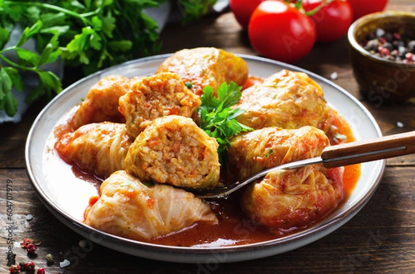 Fototapeta Cabbage Rolls with Ground Meat, Rice and Vegetables also known as Sarma, Golubtsy, Dolma on Rustic Wooden Background