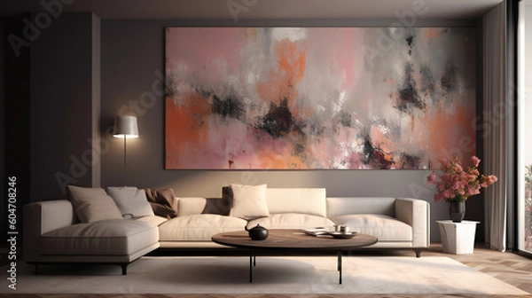Fototapeta Stylish Living Room Interior with an Abstract Frame Poster, Modern interior design, 3D render, 3D illustration