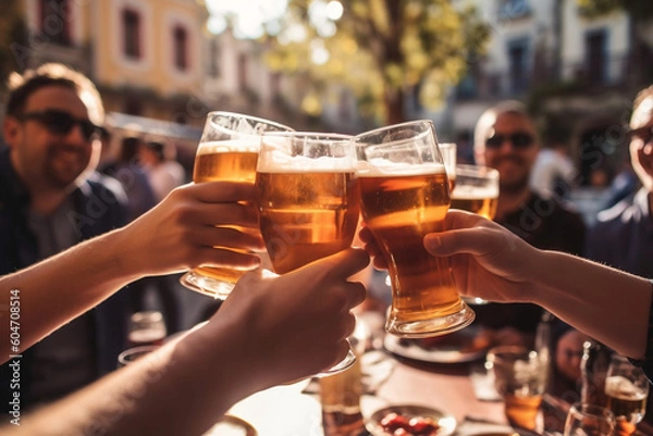 Fototapeta A group of friends relaxing in a beer bar-restaurant. Cheerful friends spending time together. Close-up of glasses with foamy beer. The idea of joy in food and drink. Generative AI.