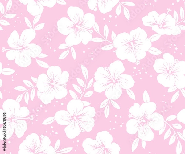 Fototapeta ハイビスカスと葉っぱのトロピカルなパターン-2way-手描き