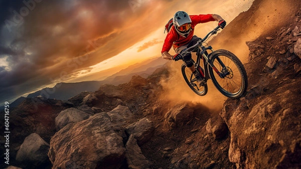 Fototapeta Mountain biker tackling a challenging jump or drop-off. Freeze the action as the rider takes flight