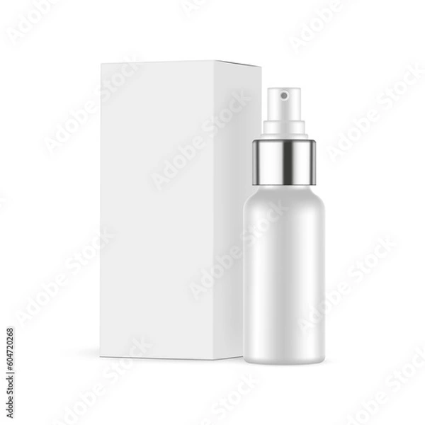 Fototapeta Spray Bottle With Metal Cap, Packaging Box Side View, Isolated on White Background. Vector Illustration