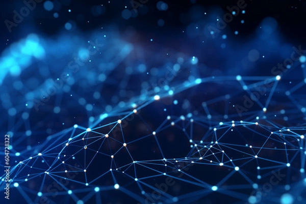 Obraz Abstract blue digital technology background of dots and lines. Concept for neural network, cybersecurity,  data stream, database, supercomputer, cloud computing. Generative AI illustration