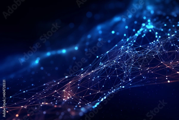 Obraz Abstract blue digital technology background of dots and lines. Concept for neural network, cybersecurity,  data stream, database, supercomputer, cloud computing. Generative AI illustration