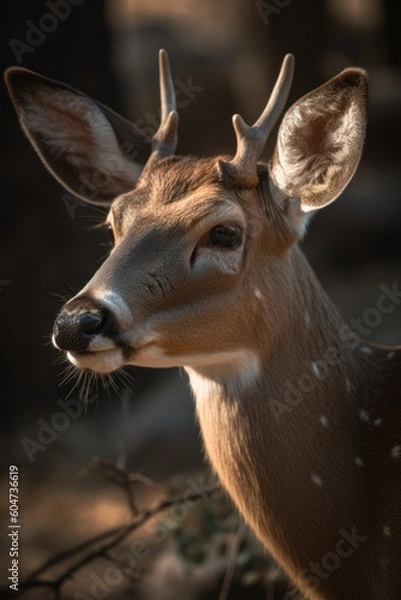 Fototapeta A stunning close-up capturing the serene beauty of a deer in its natural environment. The image showcases the majestic animal in its habitat, created with generative A.I. technology