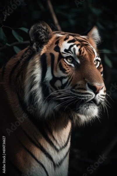 Fototapeta The beauty and majesty of a tiger captured in its natural habitat in a stunning close-up. Showcases the raw beauty of the wilderness, created with generative A.I. technology.