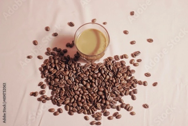 Obraz Cup of coffee with and coffee beans on peach color background. Creative layout. Breakfast concept. Top view, flat lay