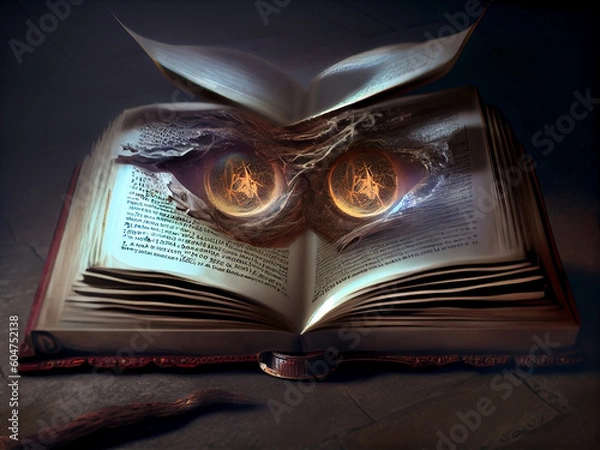 Obraz The head of a magical owl in the shape of a heart from the pages of an open ancient magic book. Generative AI
