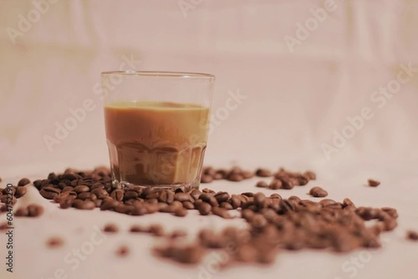 Obraz isolated, brown, roasted, beans, closeup, background, flat lay, top of view, backdrop, space, brew, morning, aromatic, natural, roast, pastel, drip, enjoyment, cut out, idea, shadow, shiny, cafe, arab