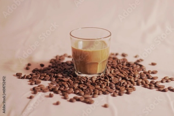 Obraz isolated, brown, roasted, beans, closeup, background, flat lay, top of view, backdrop, space, brew, morning, aromatic, natural, roast, pastel, drip, enjoyment, cut out, idea, shadow, shiny, cafe, arab