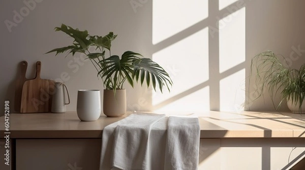 Obraz Coastal style white blank empty space kitchen countertop with kitchen utensils and indoor plant, Scandi interior design, AI generated