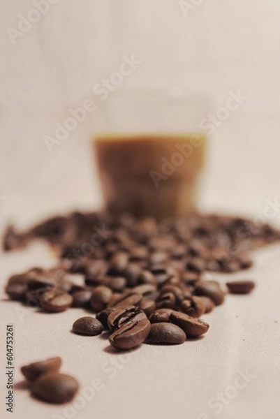 Obraz isolated, brown, roasted, beans, closeup, background, flat lay, top of view, backdrop, space, brew, morning, aromatic, natural, roast, pastel, drip, enjoyment, cut out, idea, shadow, shiny, cafe, arab