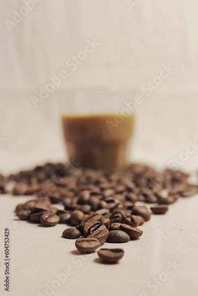 Obraz isolated, brown, roasted, beans, closeup, background, flat lay, top of view, backdrop, space, brew, morning, aromatic, natural, roast, pastel, drip, enjoyment, cut out, idea, shadow, shiny, cafe, arab